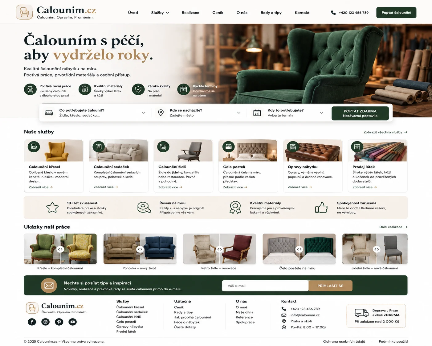 Vizuální návrh možného projektu Calounim.cz zaměřeného na čalounictví, renovace nábytku a zakázkové služby